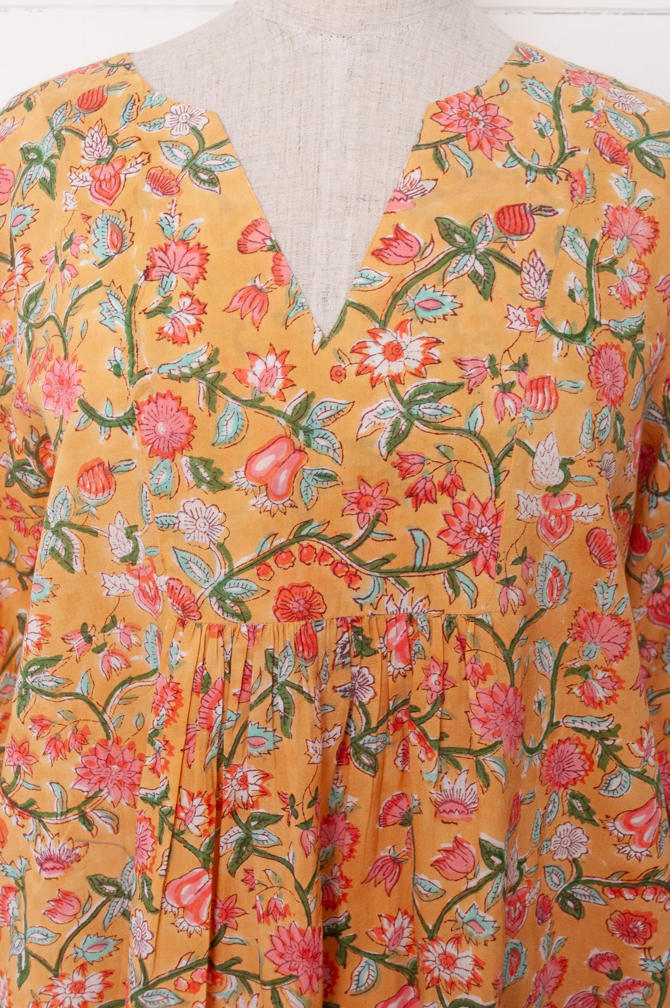 Juniper Hearth blockprint cotton Thea 3/4 sleeve dress in saffron yellow floral design.