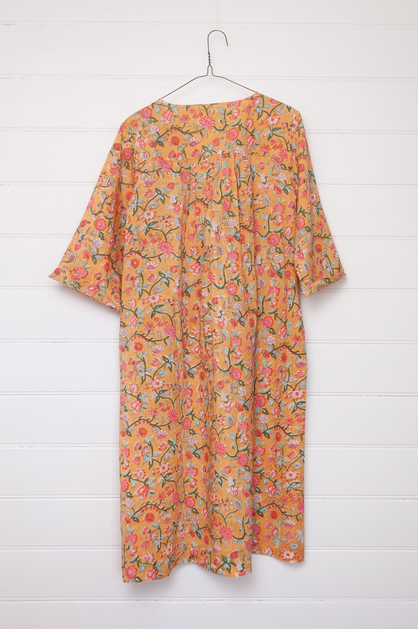 Juniper Hearth blockprint cotton Thea 3/4 sleeve dress in saffron yellow floral design.