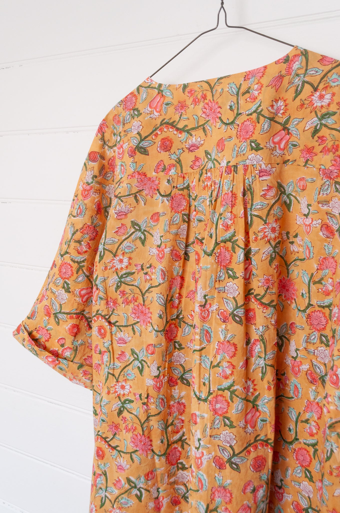 Juniper Hearth blockprint cotton Thea 3/4 sleeve dress in saffron yellow floral design.