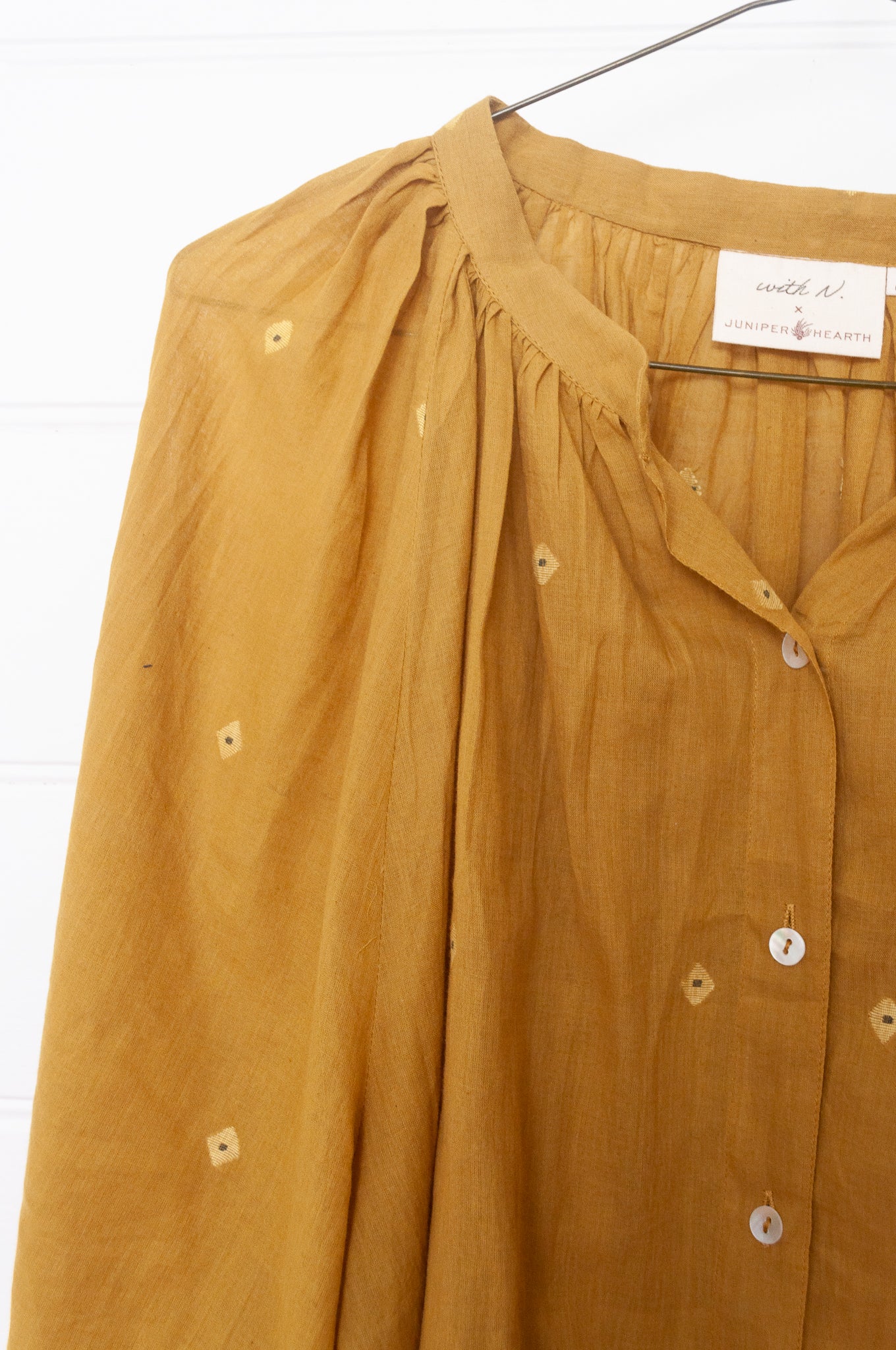 Studio Within x Juniper Hearth jamdani cotton blouse in marigold mustard yellow.