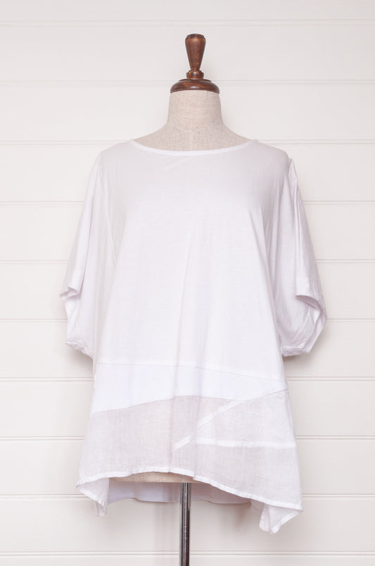 Banana Blue loose fitting mix linen top, gauze and cotton jersey in white.