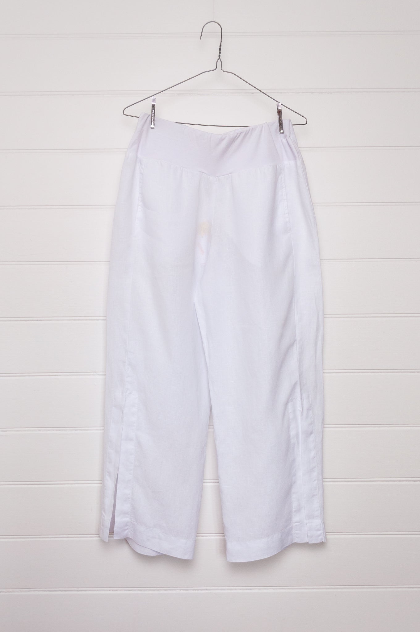 Valia made in Melbourne Mosman linen pants with comfort jersey waist and split to knee.