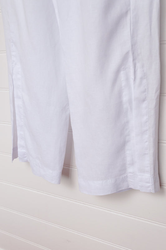 Valia made in Melbourne Mosman linen pants with comfort jersey waist and split to knee.