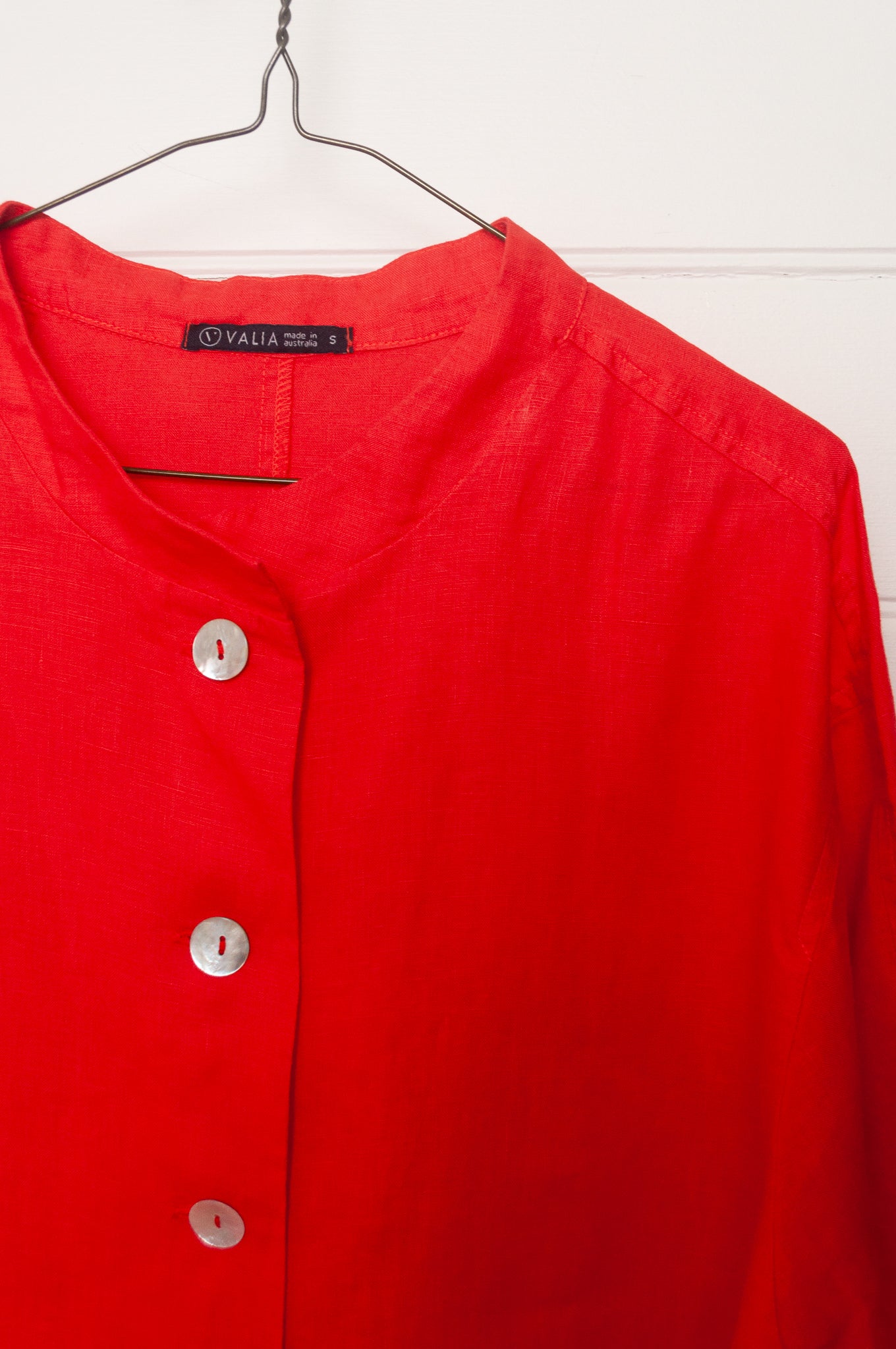 VALIA made in Melbourne Port Fairy cropped jacket in bright red European linen.