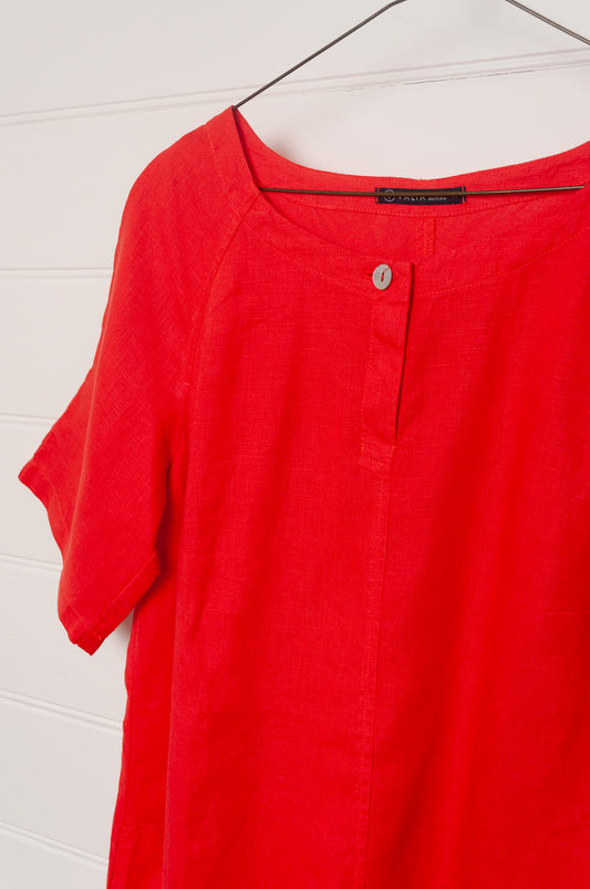 Valia made in Melbourne European linen A-line short sleeve shift dress in bright red.