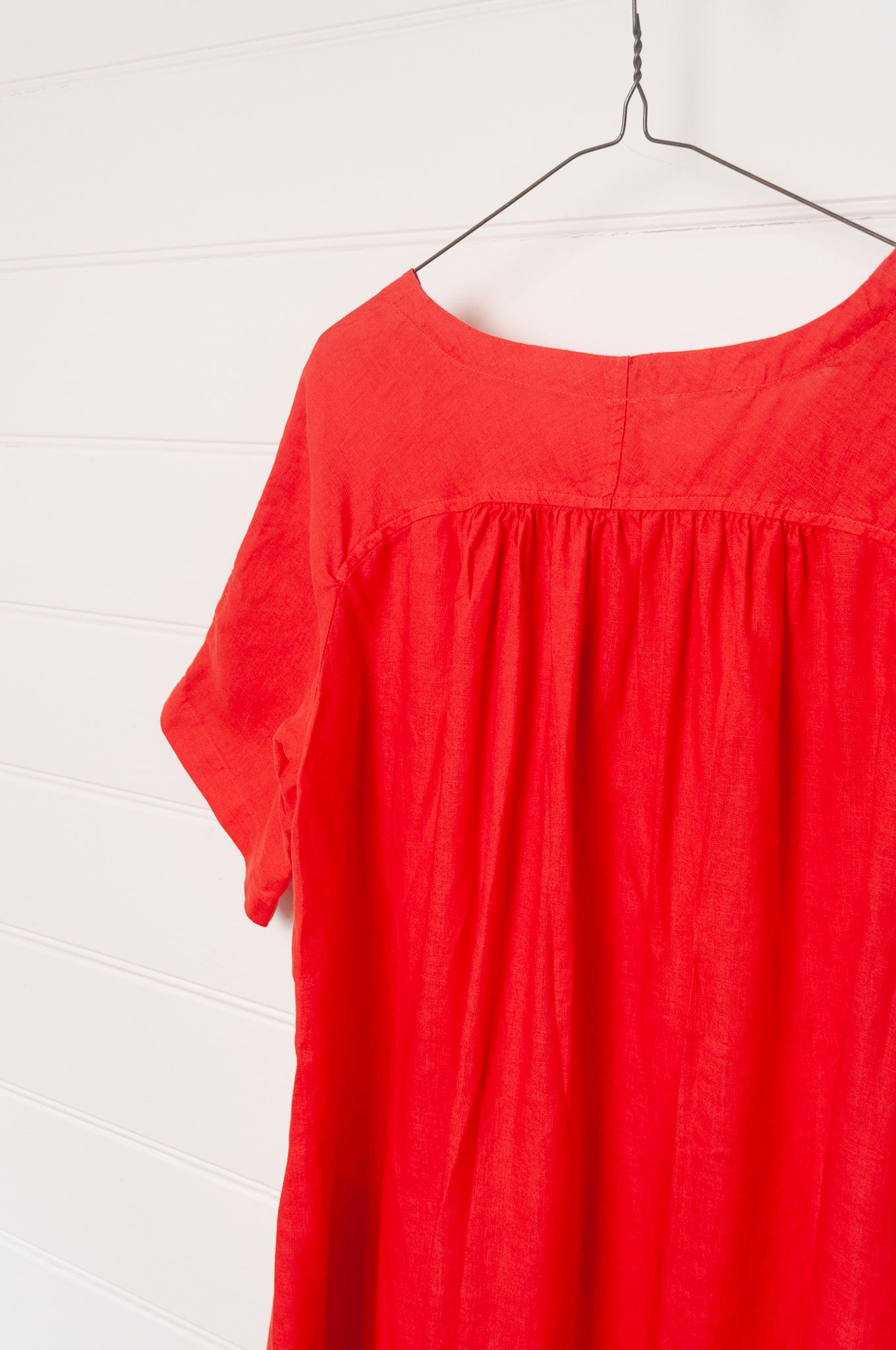 Valia made in Melbourne European linen A-line short sleeve shift dress in bright red.