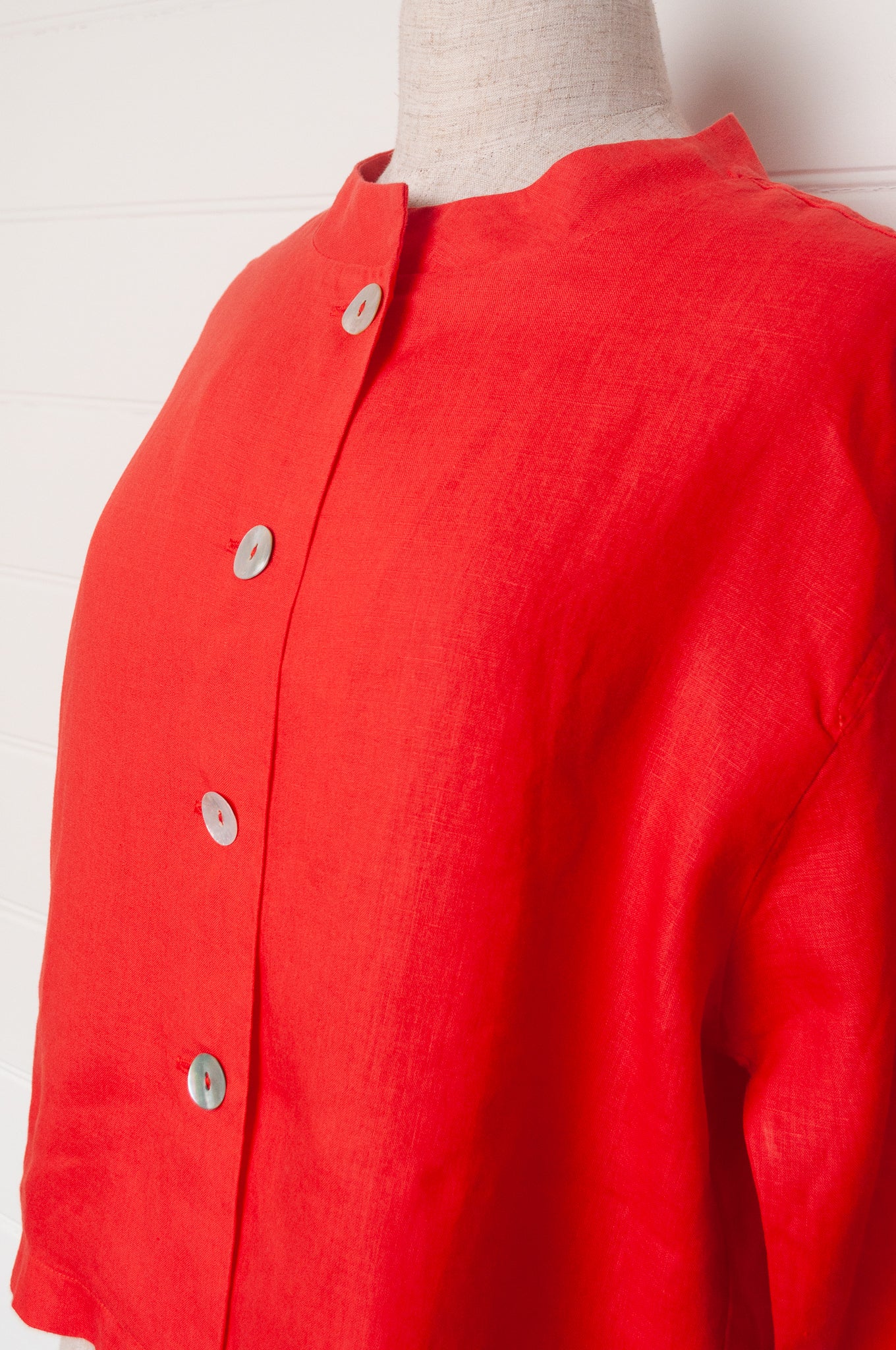 VALIA made in Melbourne Port Fairy cropped jacket in bright red European linen.