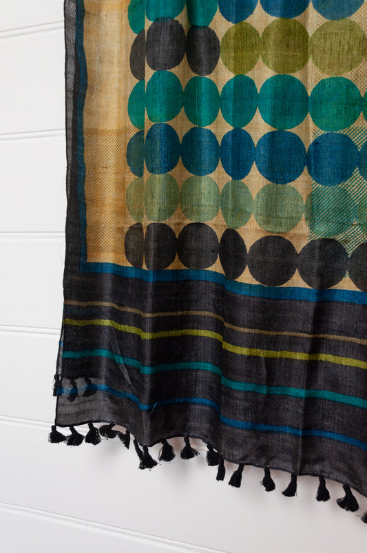 Karomi blockprint handwoven silk Chakra scarf in blue and green spots.