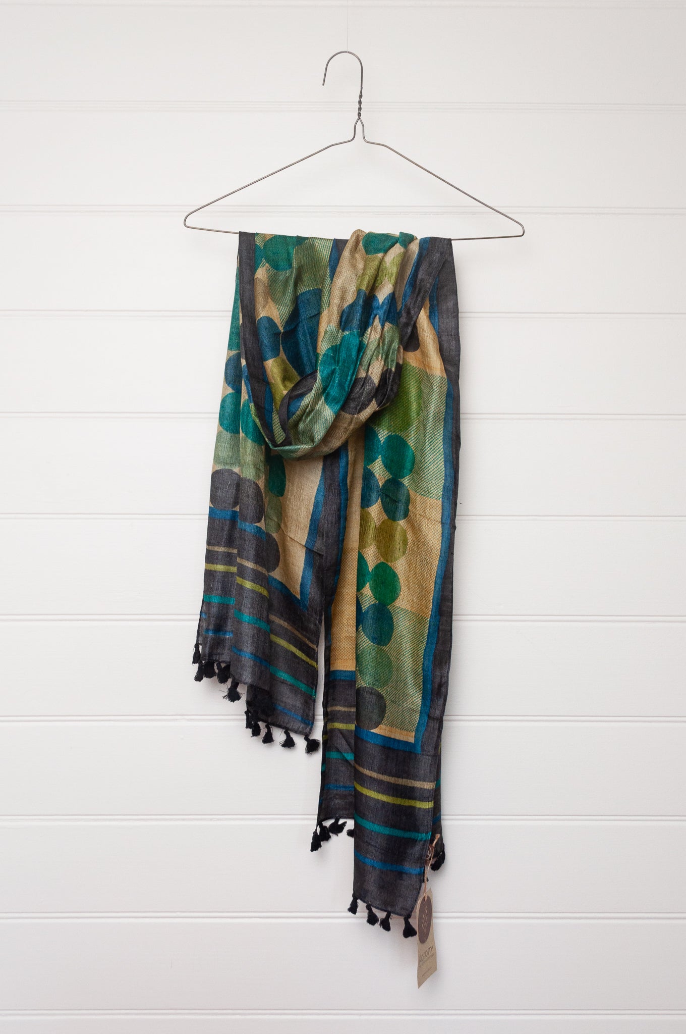 Karomi blockprint handwoven silk Chakra scarf in blue and green spots.