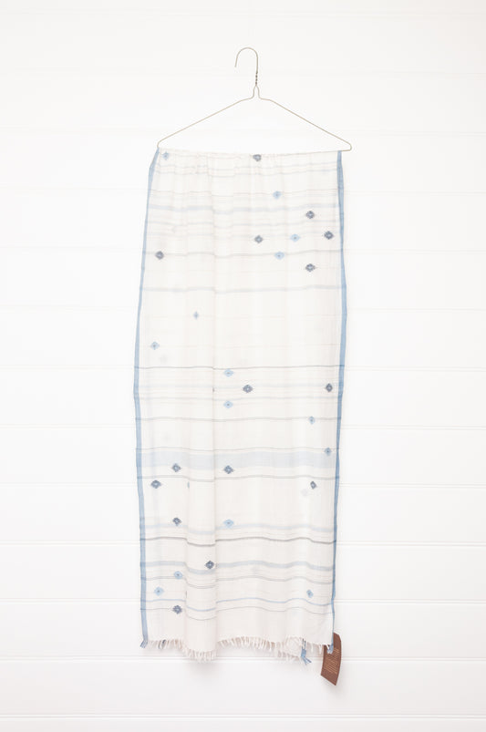 Karomi jamdani scarf handwoven in handspun natural cotton and natural dyes, kankra crab motif with stripes.