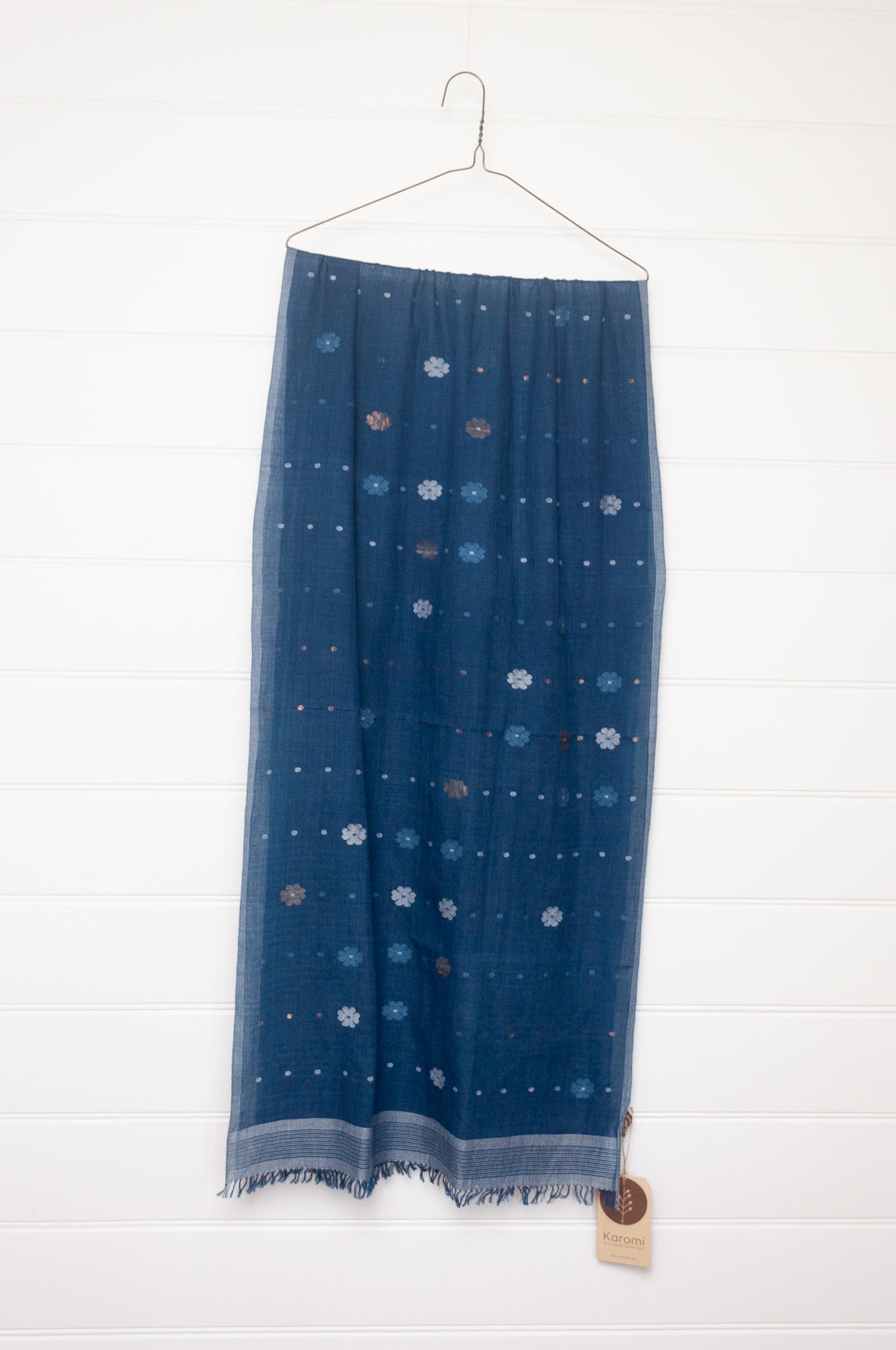 Karomi jamdani handspun handwoven cotton scarf Sishumi floral and spot on deep indigo.
