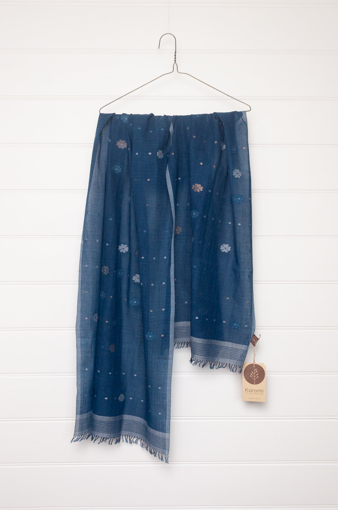 Karomi jamdani handspun handwoven cotton scarf Sishumi floral and spot on deep indigo.