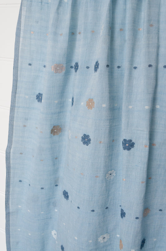 Karomi jamdani handspun handwoven cotton scarf Sishumi floral and spot on light indigo.