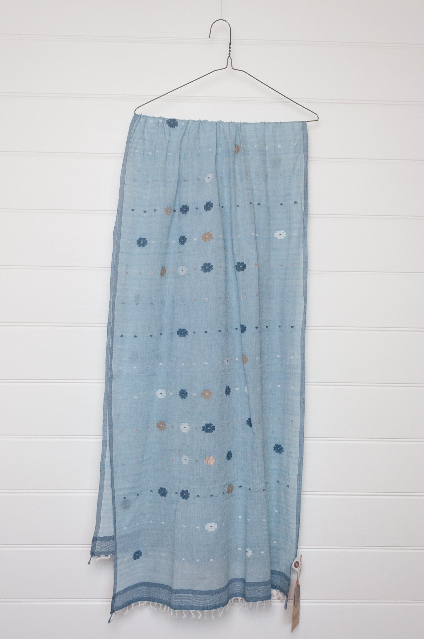 Karomi jamdani handspun handwoven cotton scarf Sishumi floral and spot on light indigo.