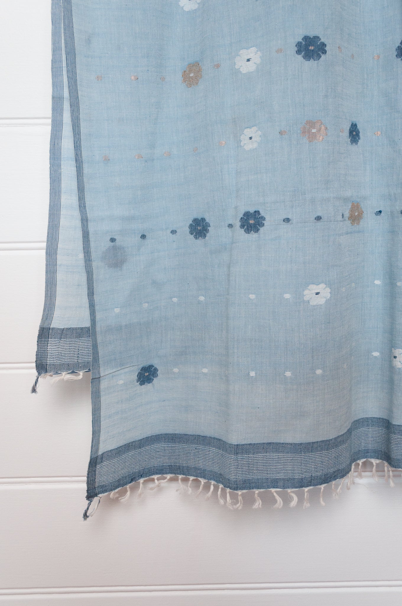 Karomi jamdani handspun handwoven cotton scarf Sishumi floral and spot on light indigo.