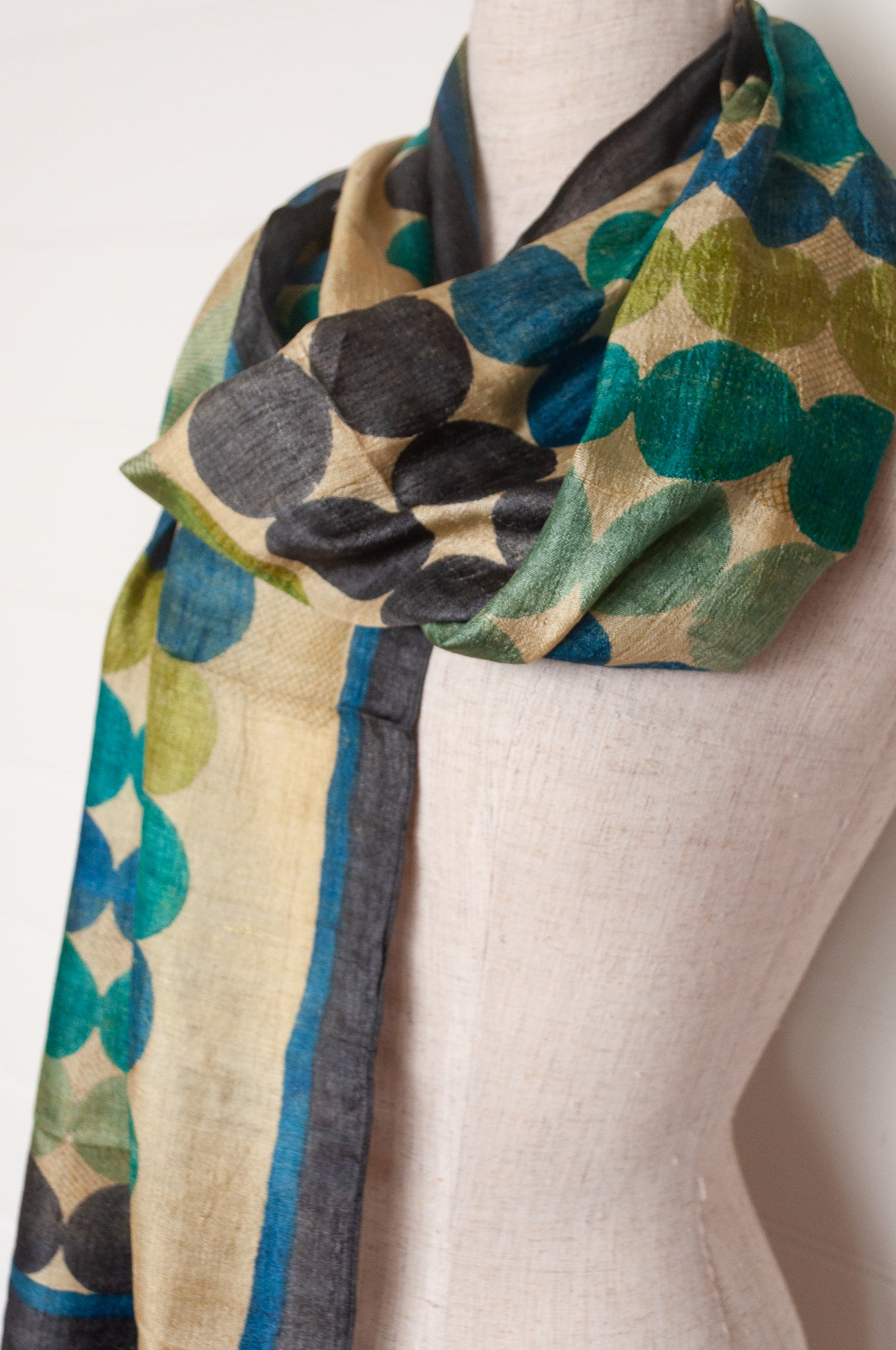Karomi blockprint handwoven silk Chakra scarf in blue and green spots.