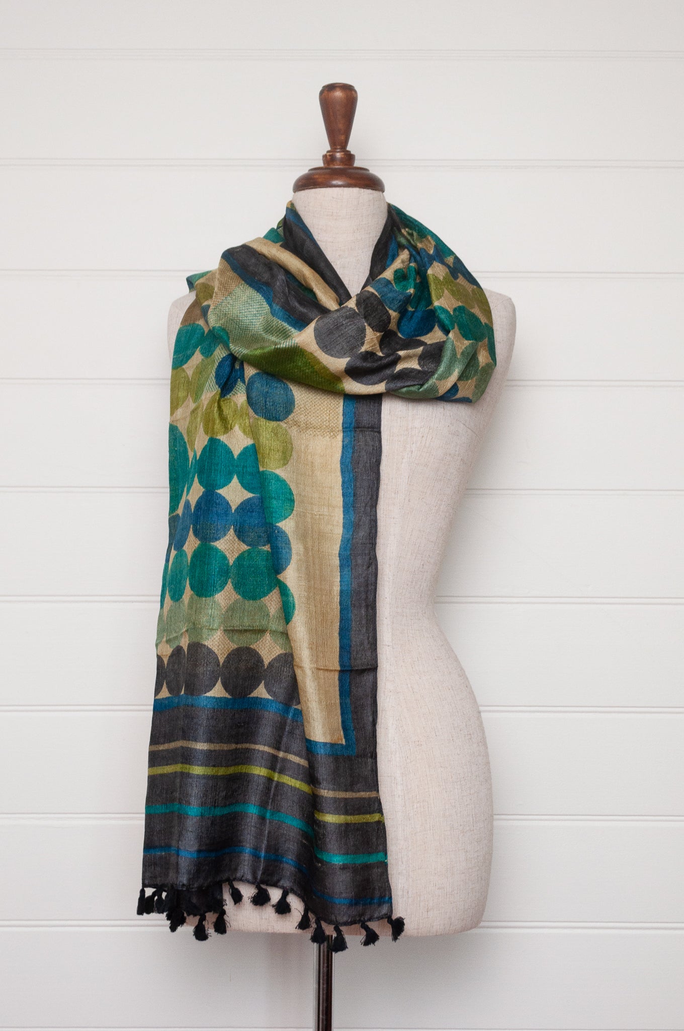 Karomi blockprint handwoven silk Chakra scarf in blue and green spots.