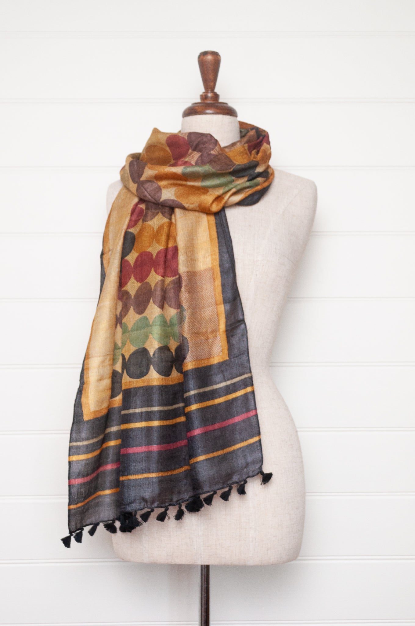 Karomi blockprint handwoven silk Chakra scarf in rust and navy spots.