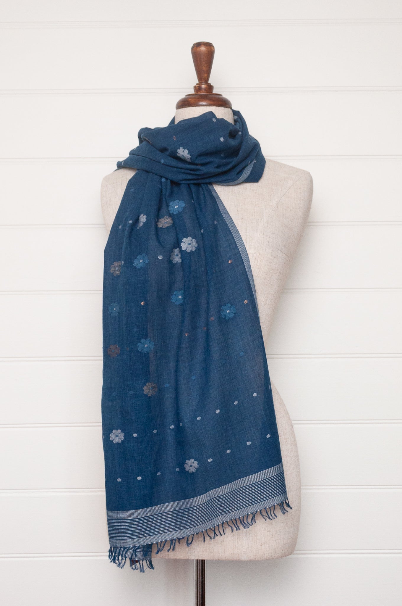Karomi jamdani handspun handwoven cotton scarf Sishumi floral and spot on deep indigo.