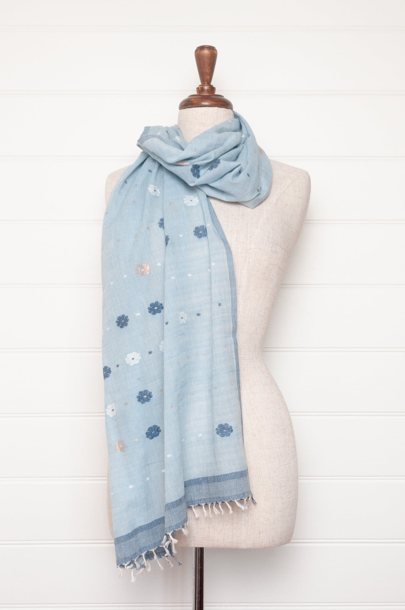 Karomi jamdani handspun handwoven cotton scarf Sishumi floral and spot on light indigo.