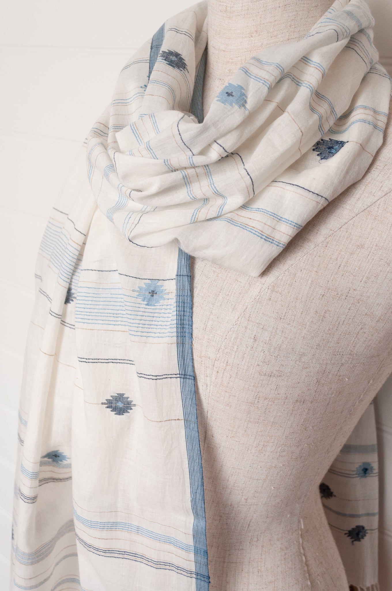 Karomi jamdani scarf handwoven in handspun natural cotton and natural dyes, kankra crab motif with stripes.