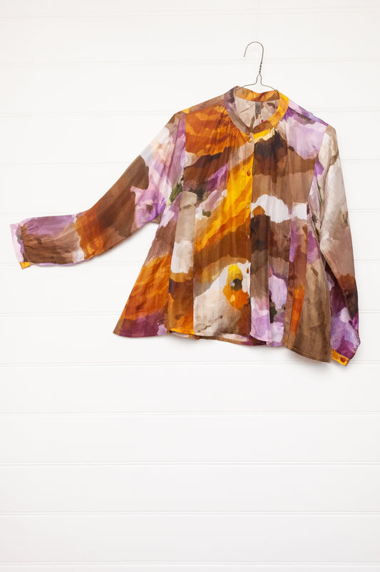 Yavi silk top button up, gathered to neck band, mustard and lilac print.