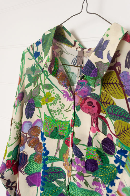 Yavi floral print cupro viscose button up long sleeved blouse.