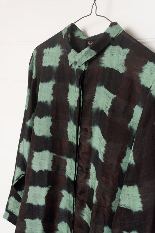 Raga silk shibori Pabla button up shirt in jade.