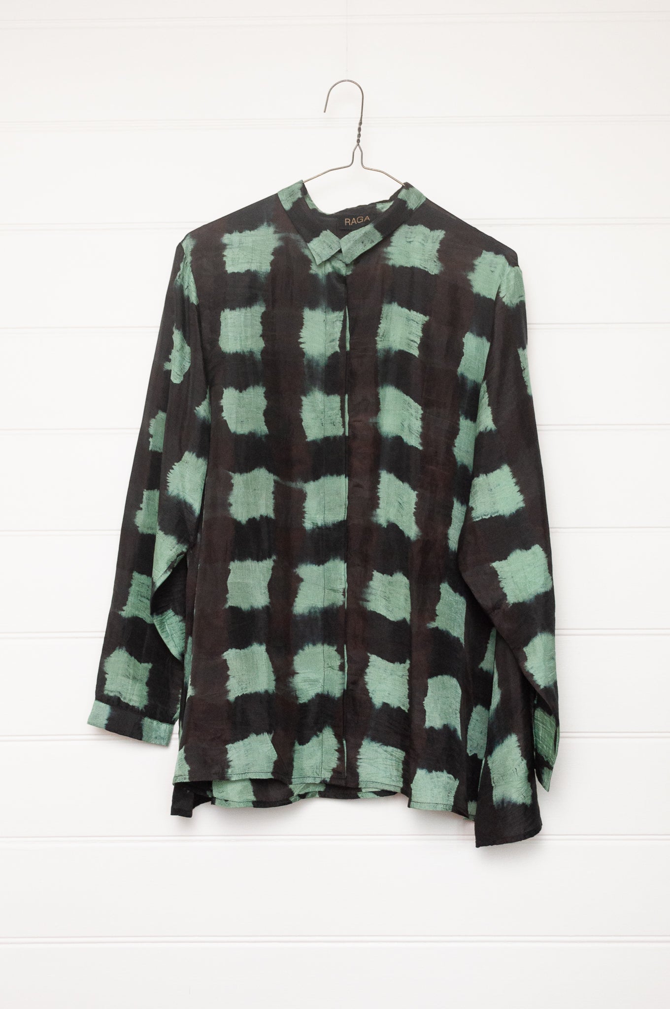 Raga silk shibori Pabla button up shirt in jade.