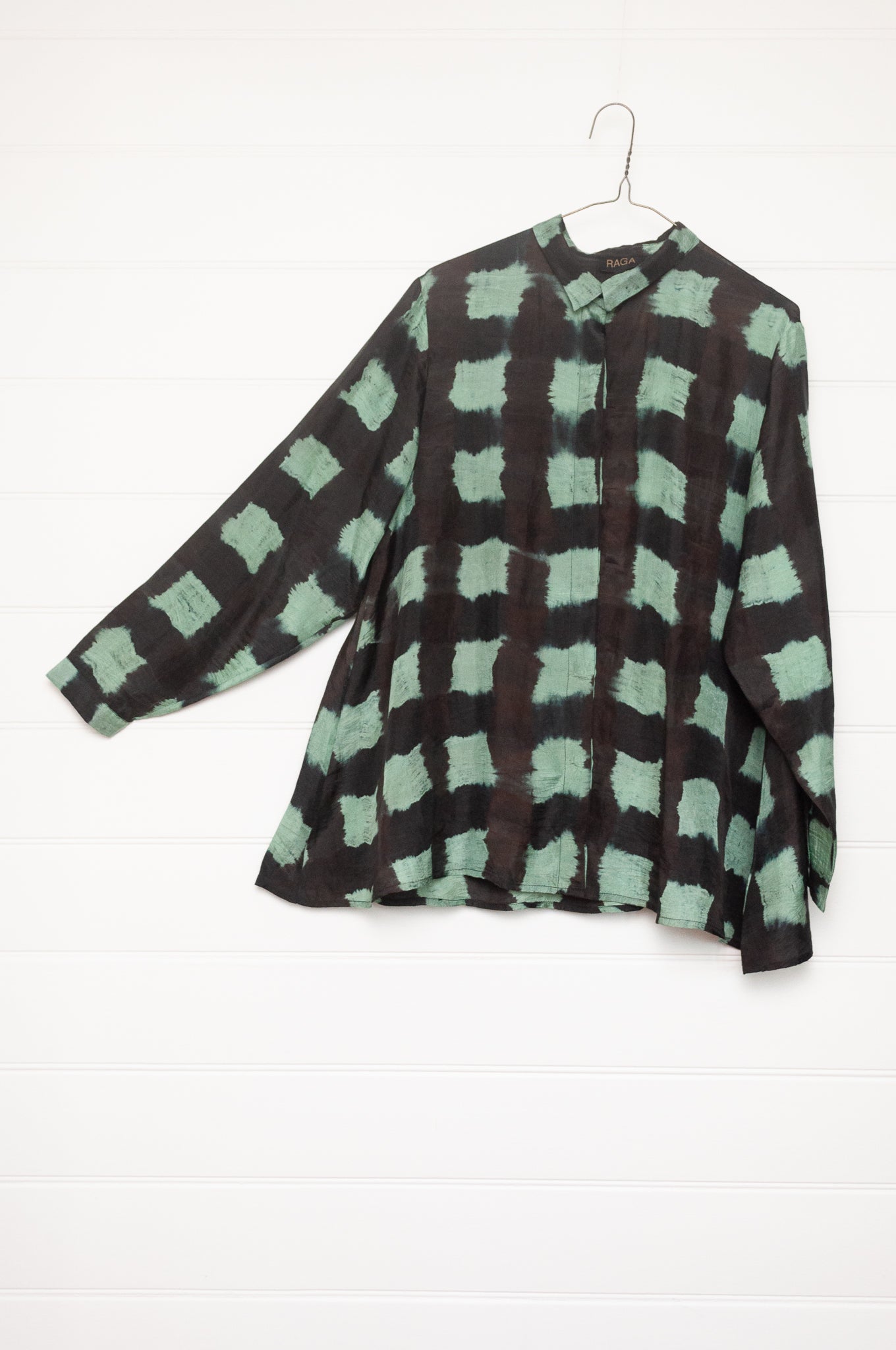 Raga silk shibori Pabla button up shirt in jade.