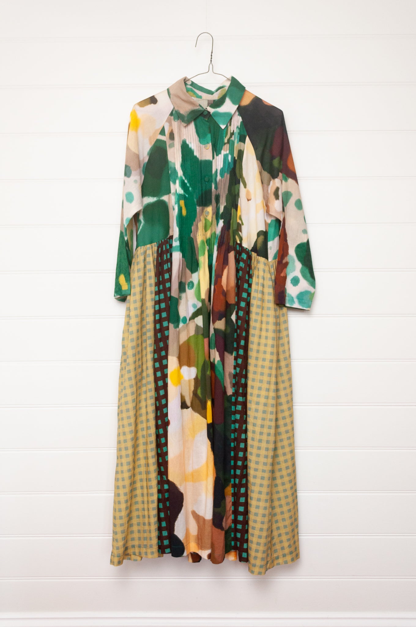 Yavi Irca dress panelled print and check maxi gathered skirt shirt dress in pure cotton.