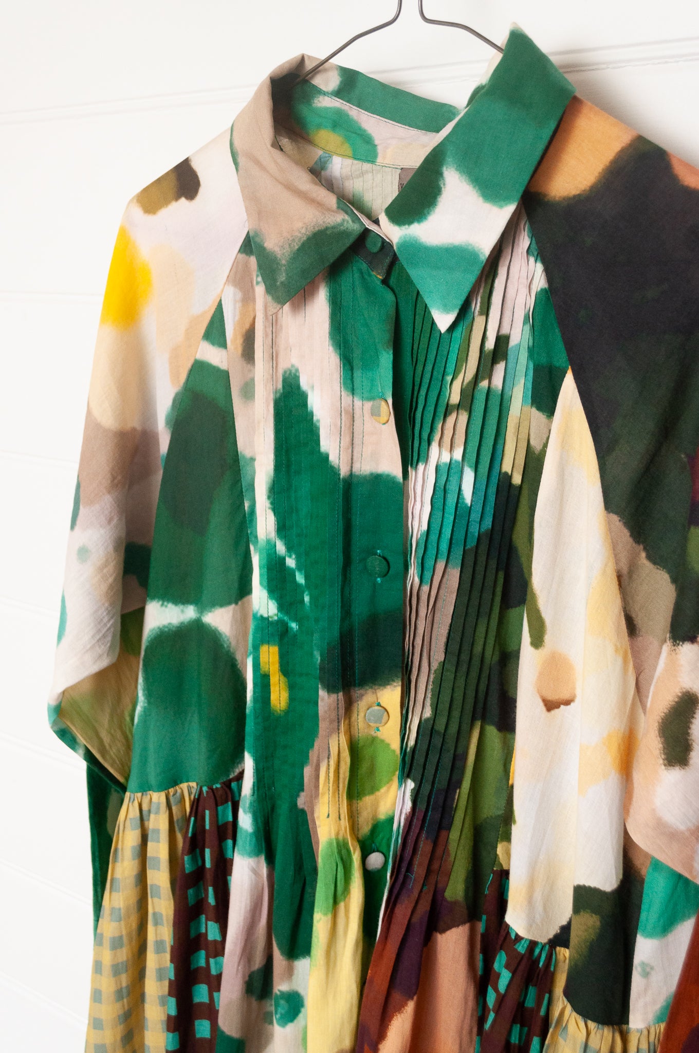 Yavi Irca dress panelled print and check maxi gathered skirt shirt dress in pure cotton.
