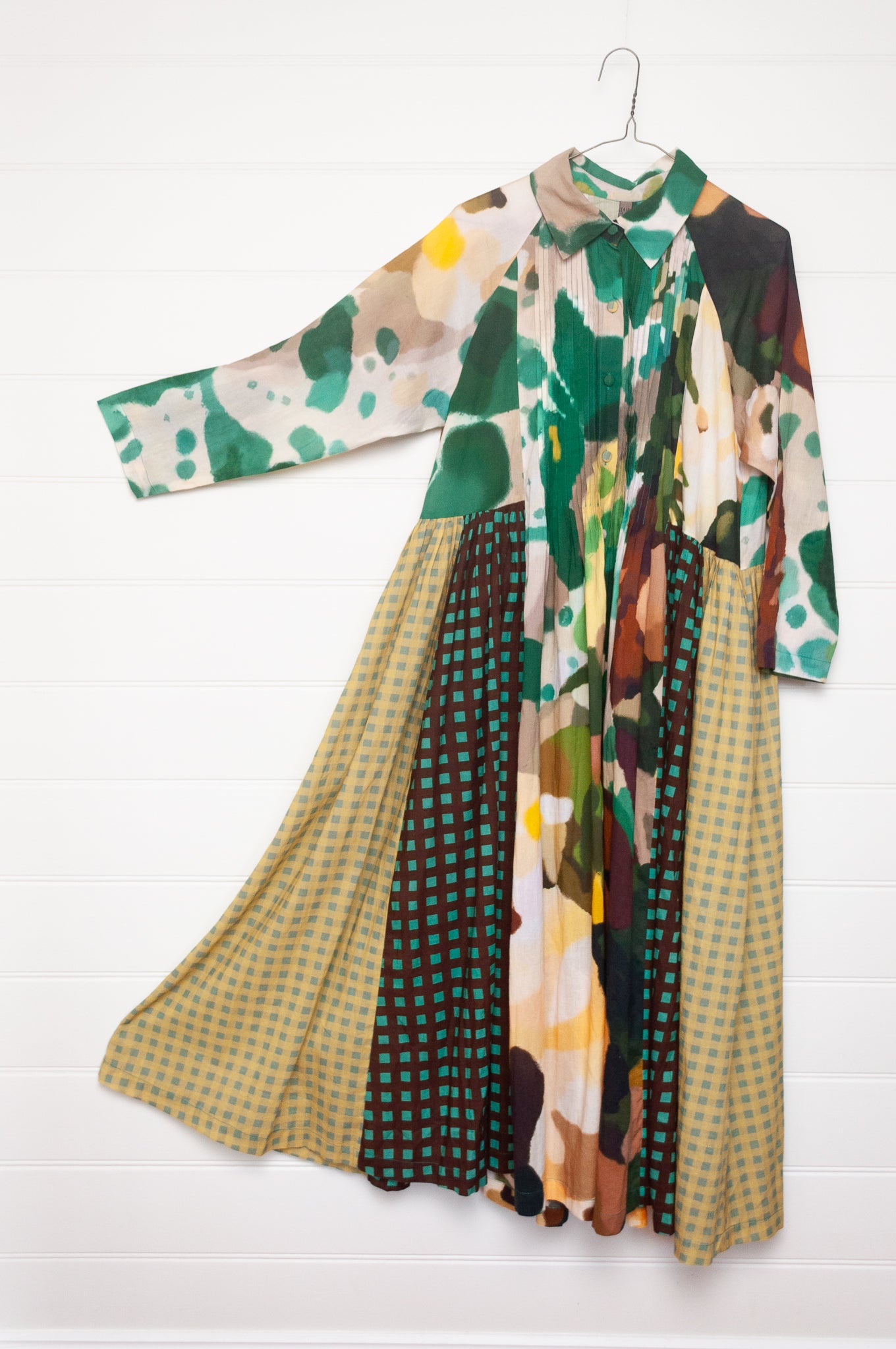 Yavi Irca dress panelled print and check maxi gathered skirt shirt dress in pure cotton.