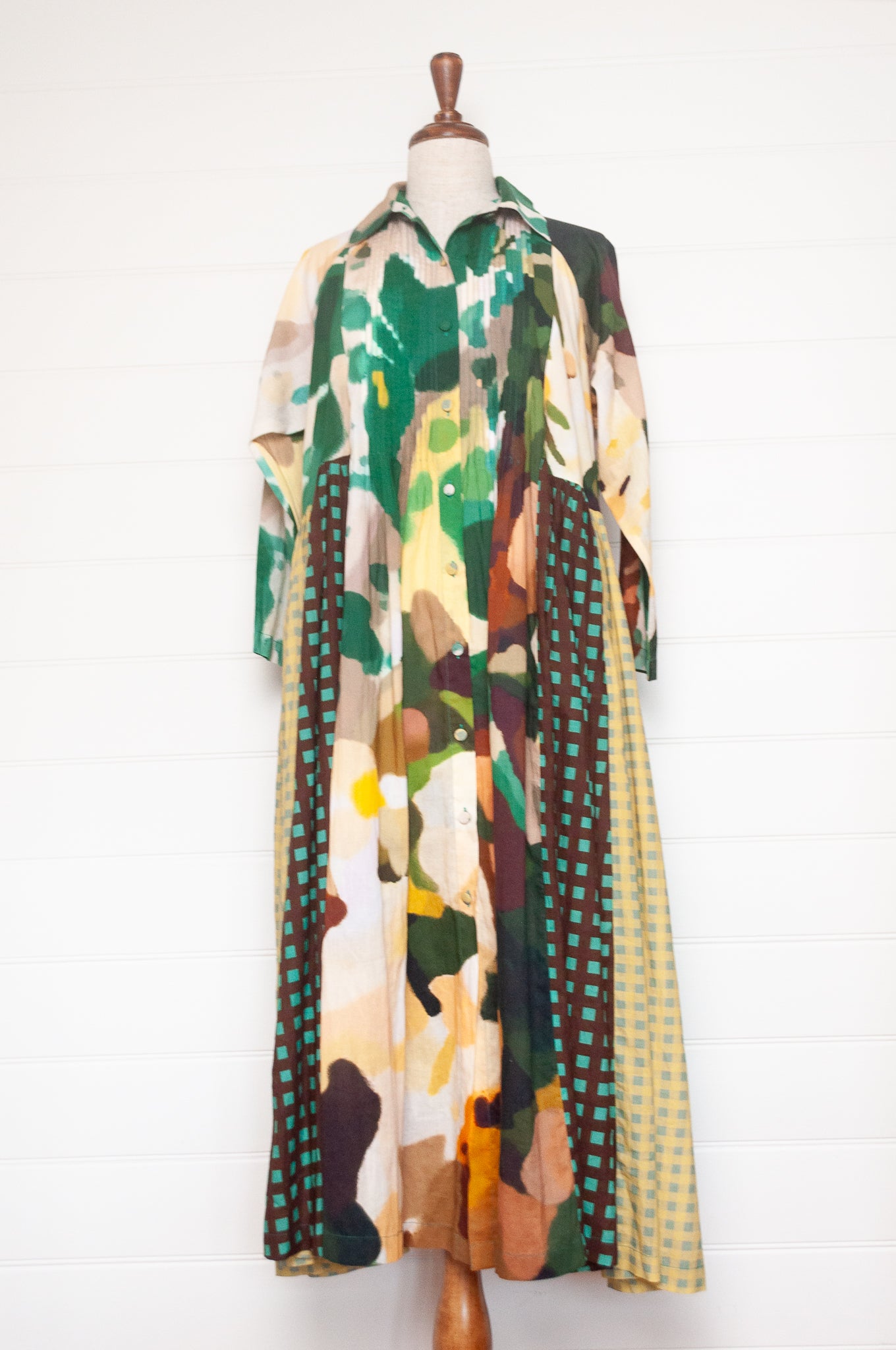Yavi Irca dress panelled print and check maxi gathered skirt shirt dress in pure cotton.