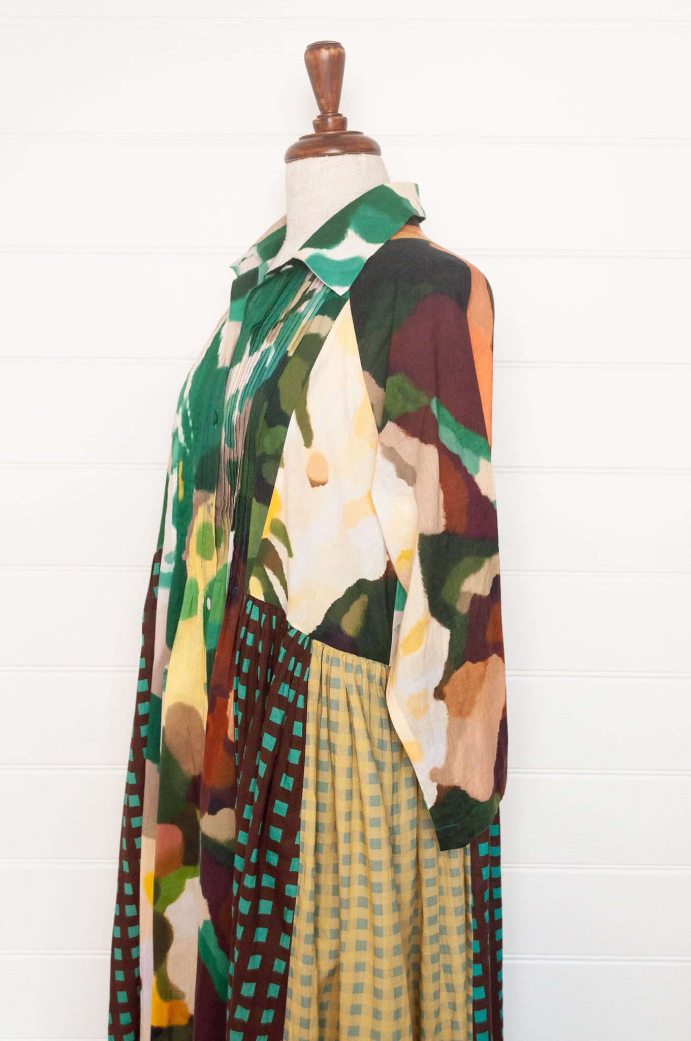 Yavi Irca dress panelled print and check maxi gathered skirt shirt dress in pure cotton.