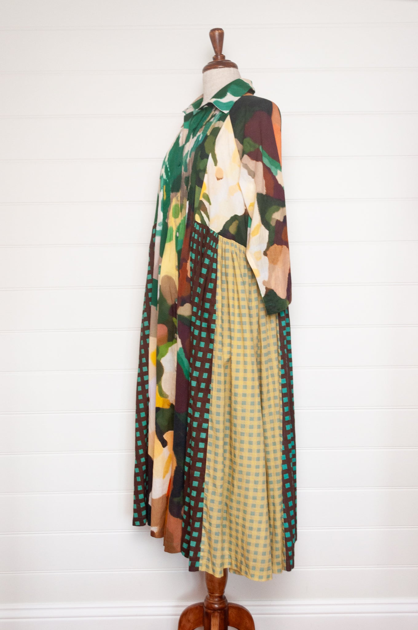 Yavi Irca dress panelled print and check maxi gathered skirt shirt dress in pure cotton.