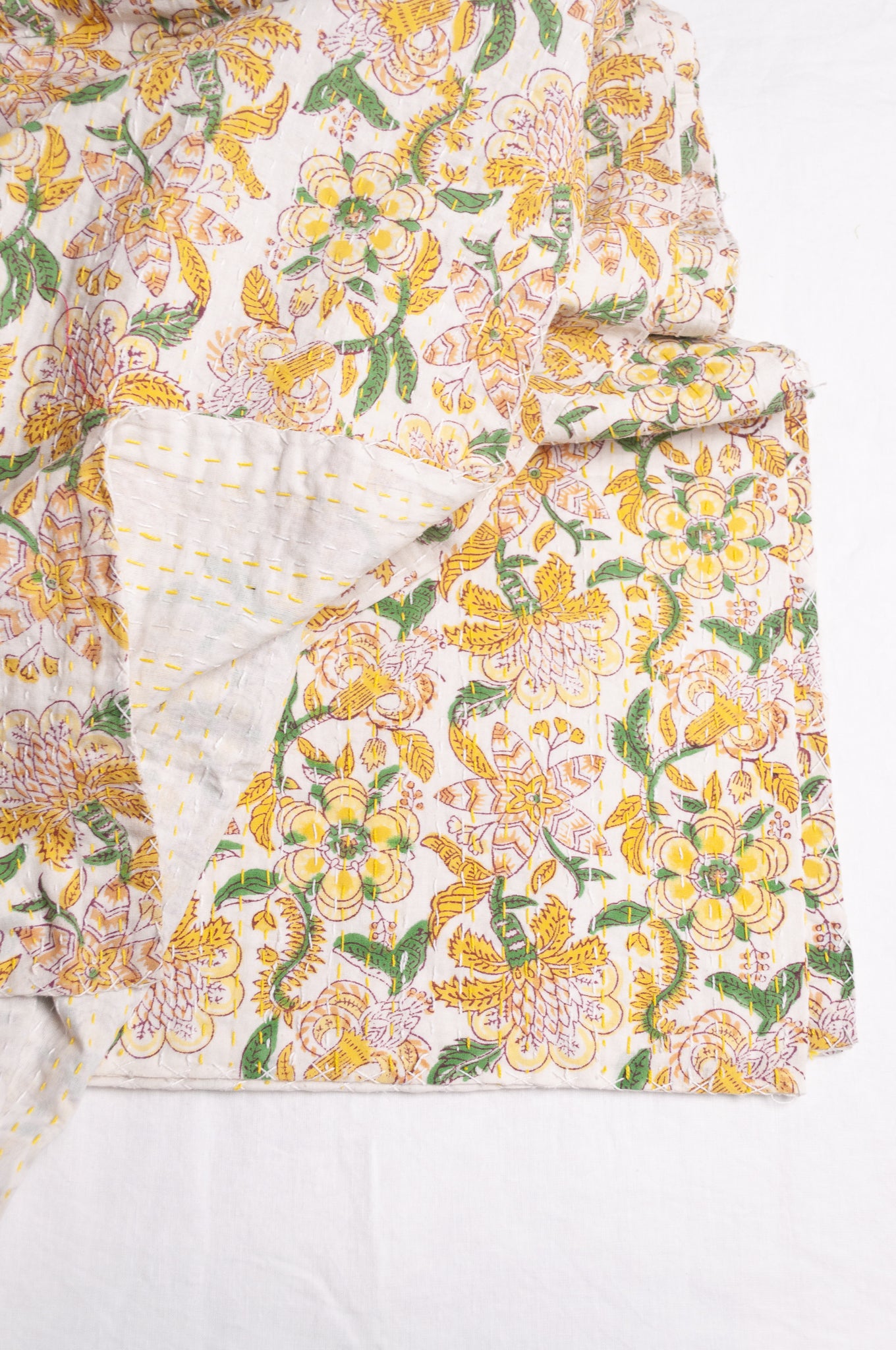 Hand stitched block print pure cotton kantha quilt lemon yellow pink and green floral.