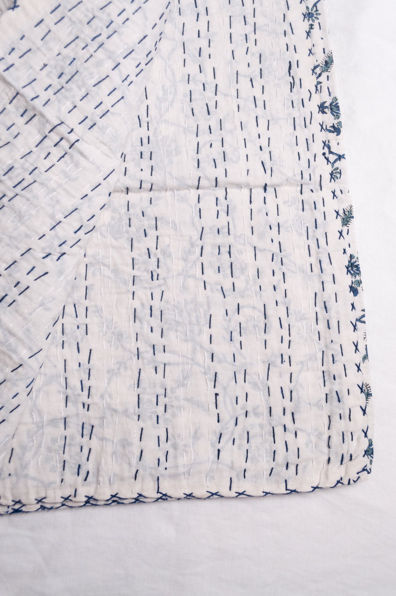 Hand stitched block print pure cotton kantha quilt indigo blue floral and vine on white.