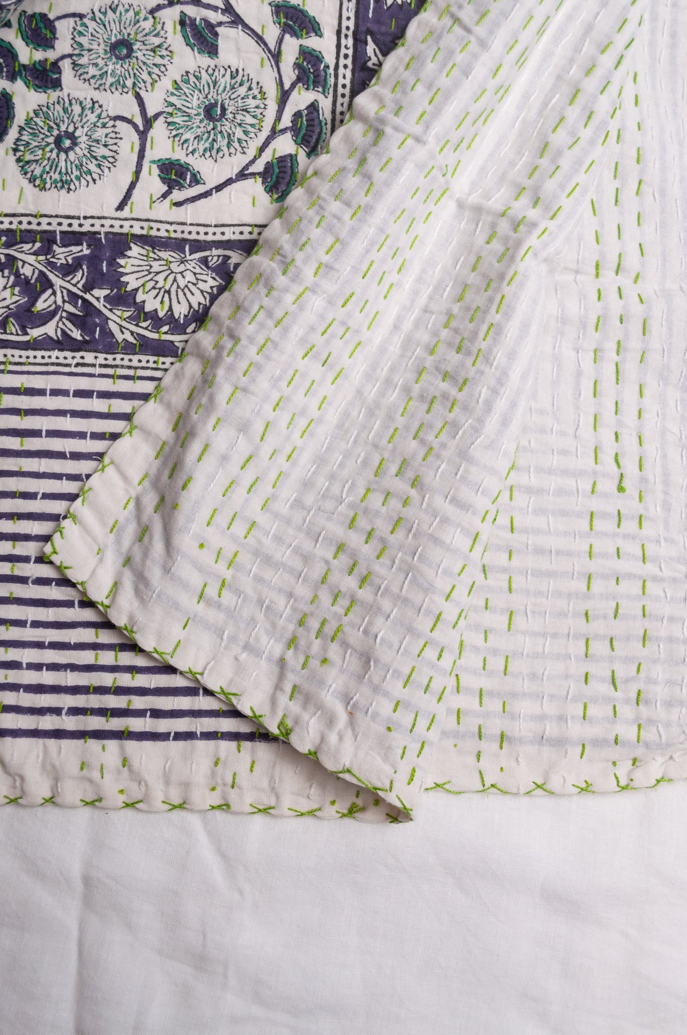 Hand stitched block print pure cotton kantha quilt mint green and indigo blue floral and vine on white.