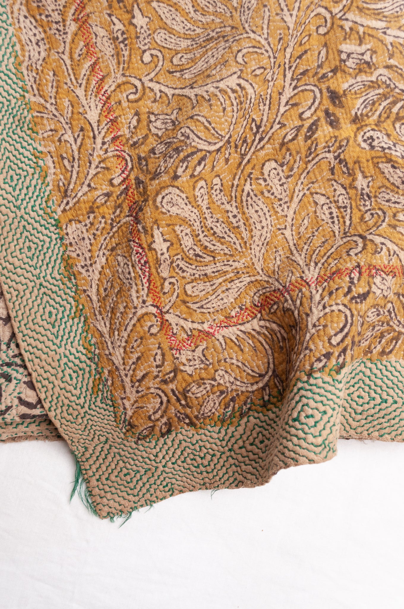 Bagru over print vintage blockprint kantha quilt, mustard leaf design.