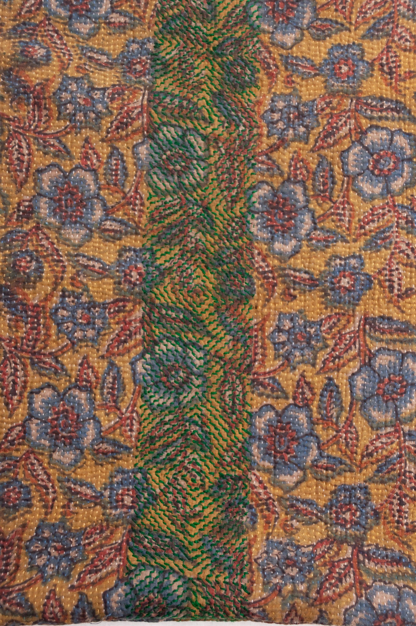 Bagru overdye blockprint vintage kantha quilt in rust red and denim blue on mustard and olive.