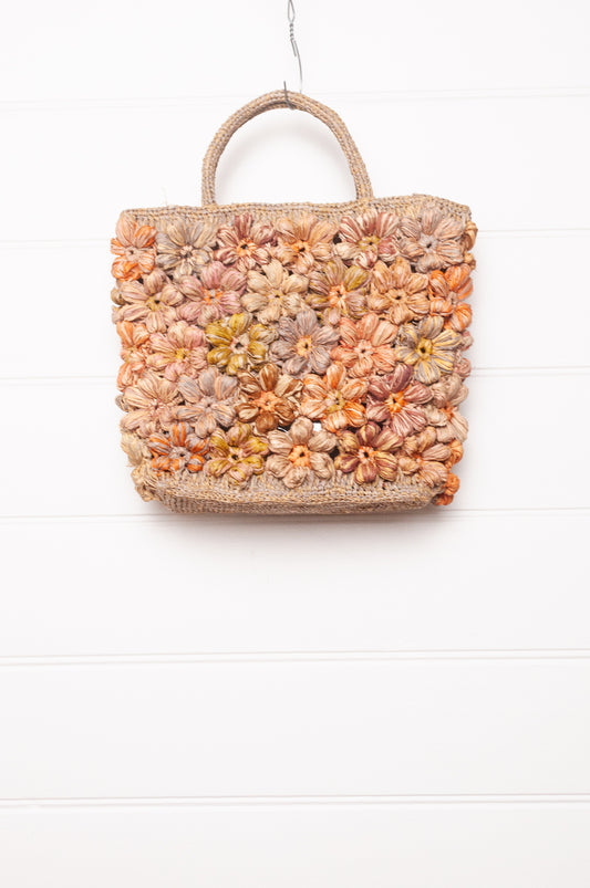 Sophie Digard hand crocheted raffia bag, neutral flowers.