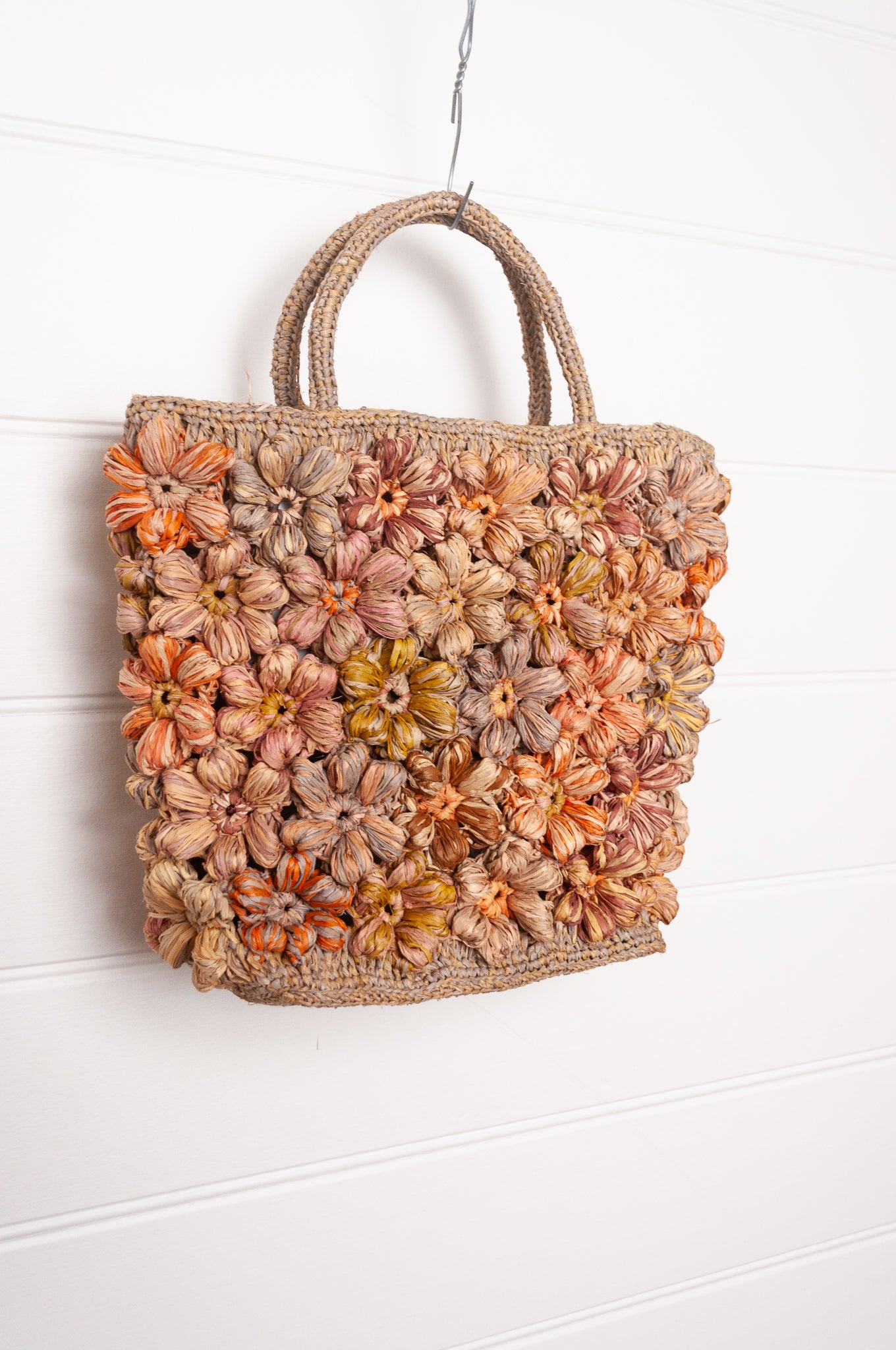 Sophie Digard hand crocheted raffia bag, neutral flowers.