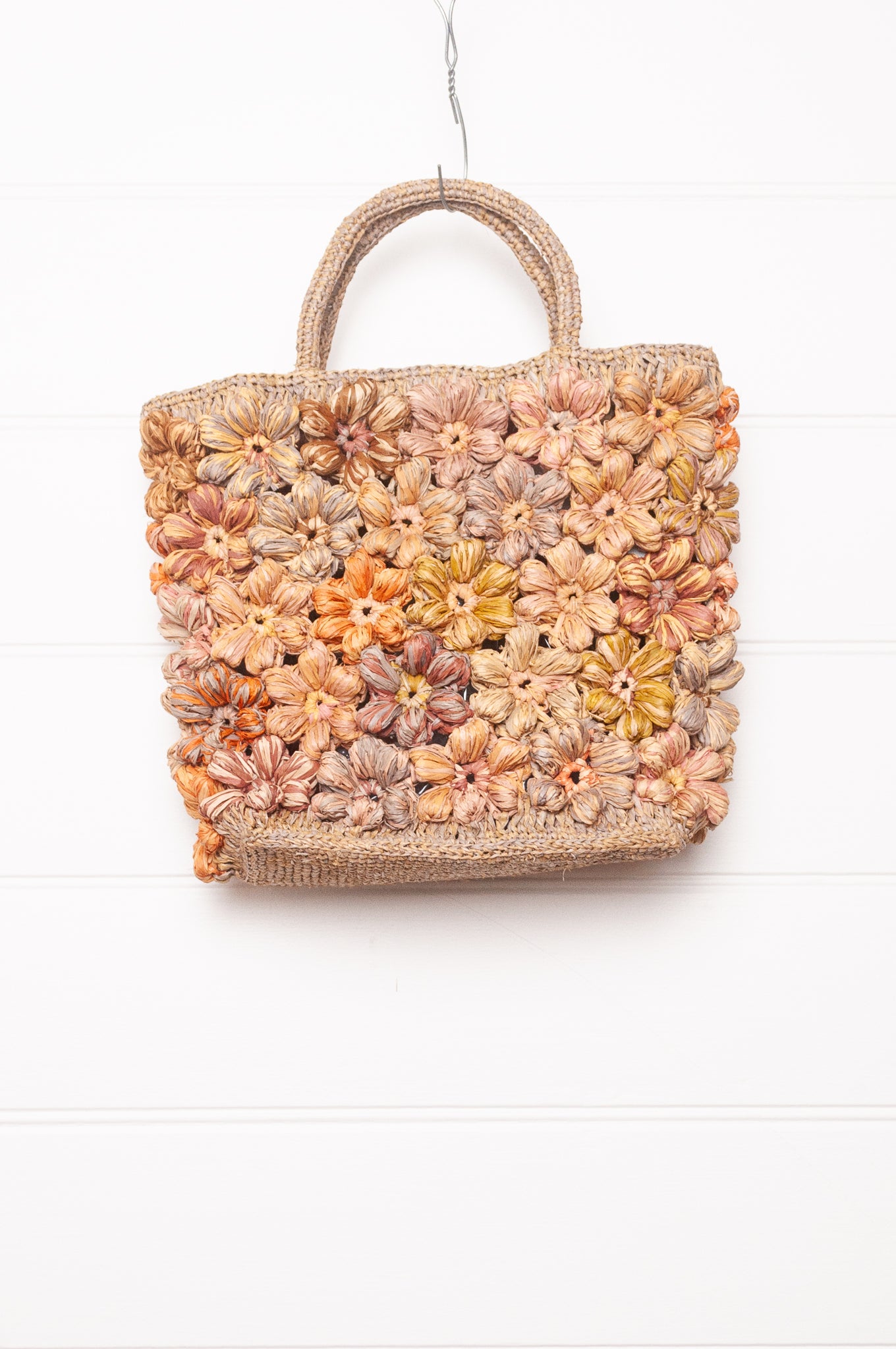 Sophie Digard hand crocheted raffia bag, neutral flowers.