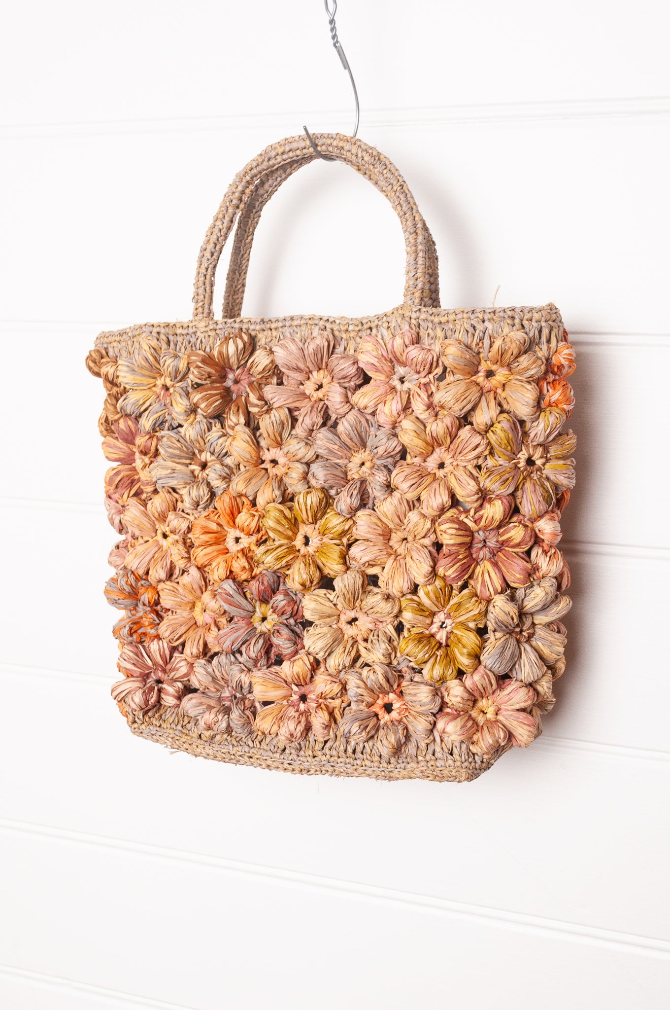 Sophie Digard hand crocheted raffia bag, neutral flowers.