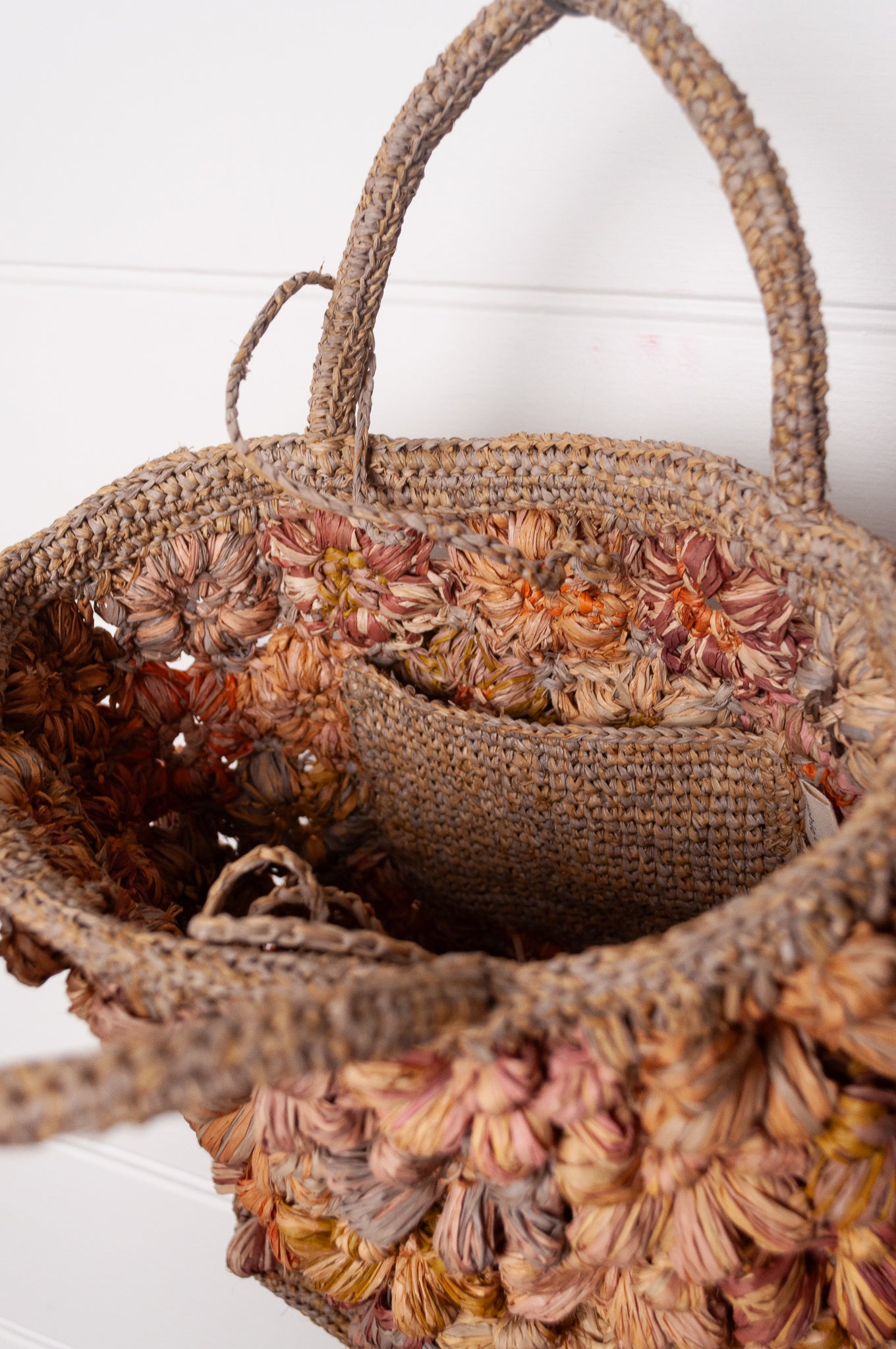 Sophie Digard hand crocheted raffia bag, neutral flowers.