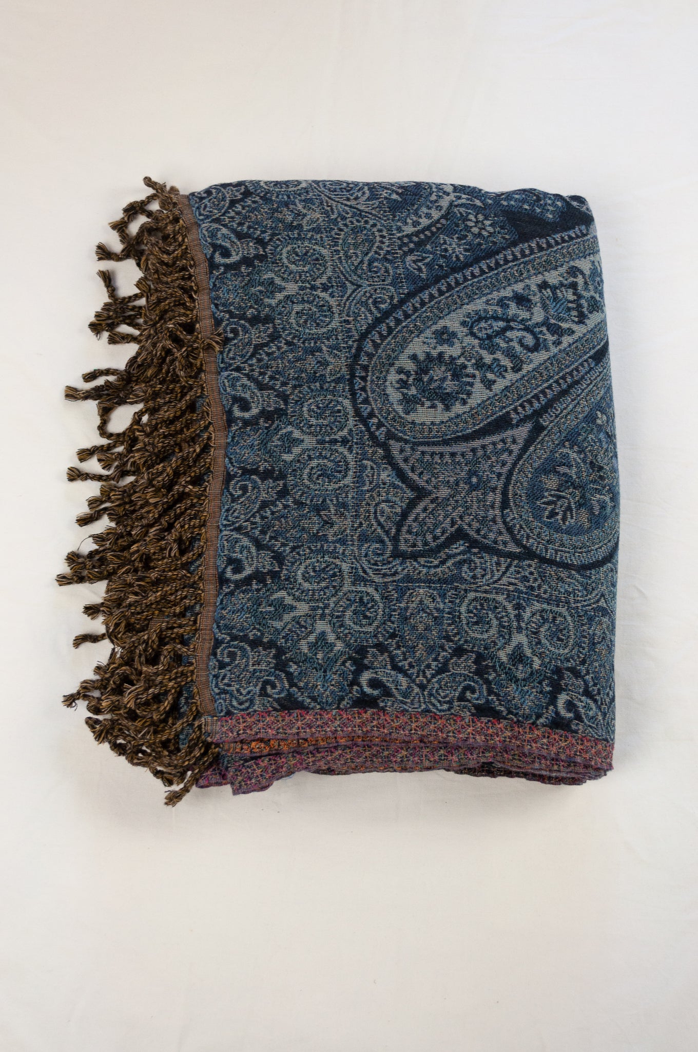Tasseled wool and cotton throw - denim paisley / rust floral