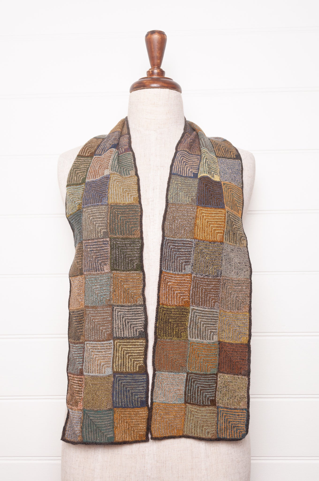 Sophie Digard checked crochet scarf Be Pop in olive, gold, blue and brown.