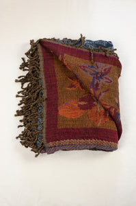 Tasseled wool and cotton throw - denim paisley / rust floral