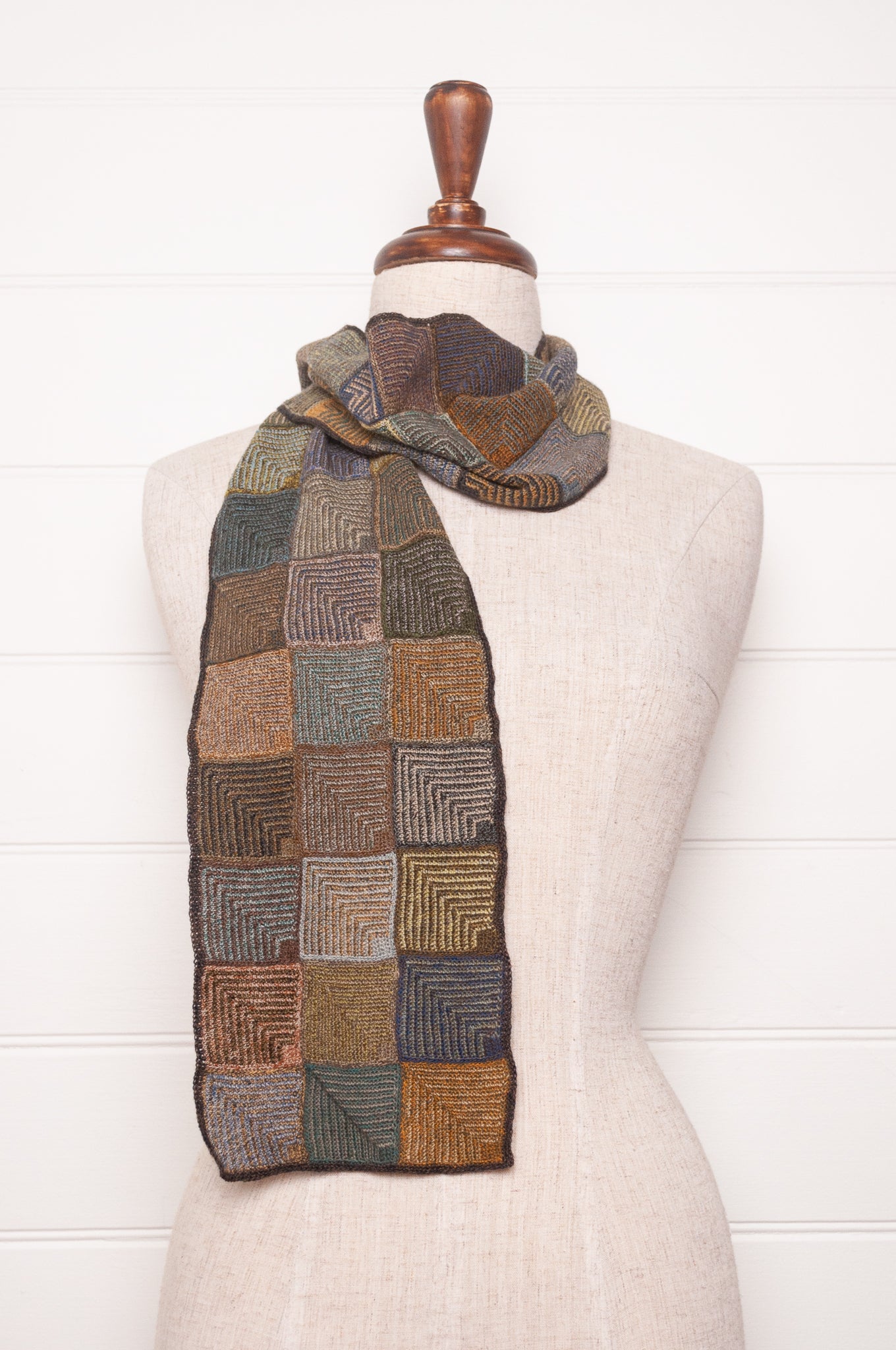 Sophie Digard checked crochet scarf Be Pop in olive, gold, blue and brown.